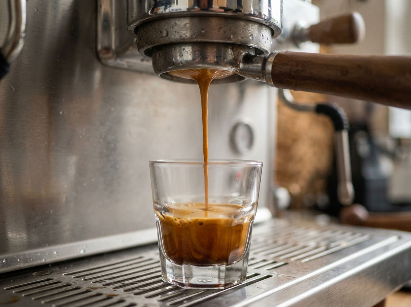 Espresso que se vierte del portafiltros a la taza Espresso que se vierte del portafiltros a una taza de vidrio